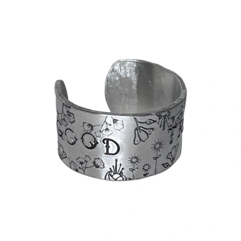 Handmade stamped 9 Good Trouble silver hypoallergenic‎ adjustable wide cuff ring